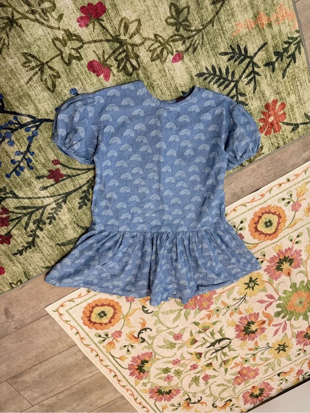 Tea Collection Girl’s Denim Blue Rainbow Puff-Sleeve Dress Size 7 100% Cotton